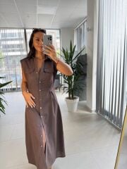 Fw 0473 Çift Kemerli Kahve Keten Gömlek Elbise