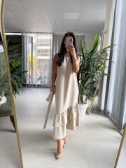 Ms Taş Etek Ucu Volanlı Kemerli Elbise