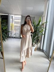 Ms Taş Etek Ucu Volanlı Kemerli Elbise