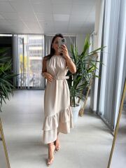 Ms Taş Etek Ucu Volanlı Kemerli Elbise