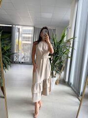 Ms Taş Etek Ucu Volanlı Kemerli Elbise