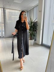 Dr 8381 Tasarım Siyah Çilek Kumaş  Safari  Elbise