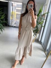 Ms Taş Etek Ucu Volanlı Kemerli Elbise