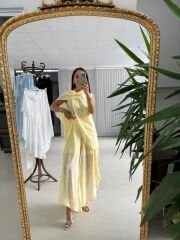 Mz 23098 Limon Sarısı Asimetrik Katlı Transparan Bluz