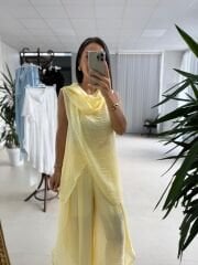 Mz 23098 Limon Sarısı Asimetrik Katlı Transparan Bluz
