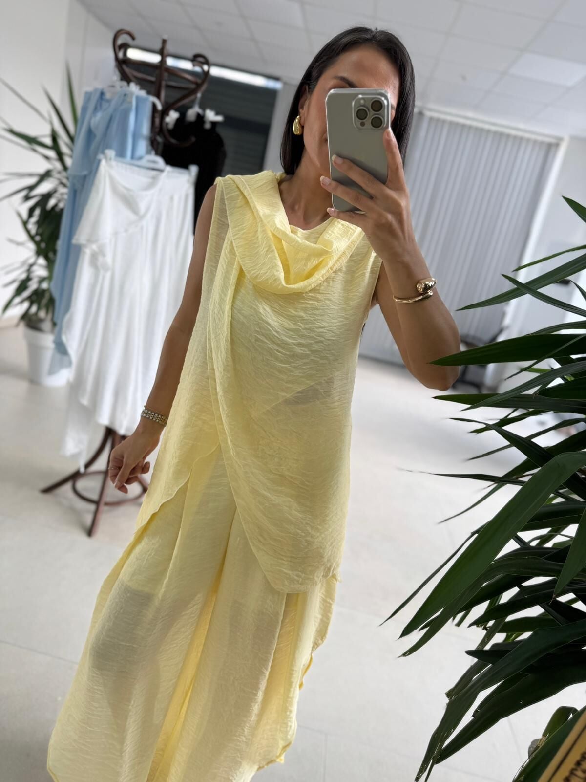 Mz 23098 Limon Sarısı Asimetrik Katlı Transparan Bluz