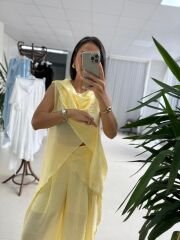 Mz 23098 Limon Sarısı Asimetrik Katlı Transparan Bluz