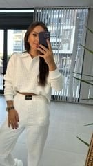 Yakalı Petek Dokulu Beyaz Takım