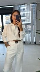 Yakalı Petek Dokulu Beyaz Takım