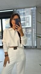 Yakalı Petek Dokulu Beyaz Takım