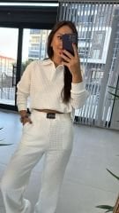 Yakalı Petek Dokulu Beyaz Takım