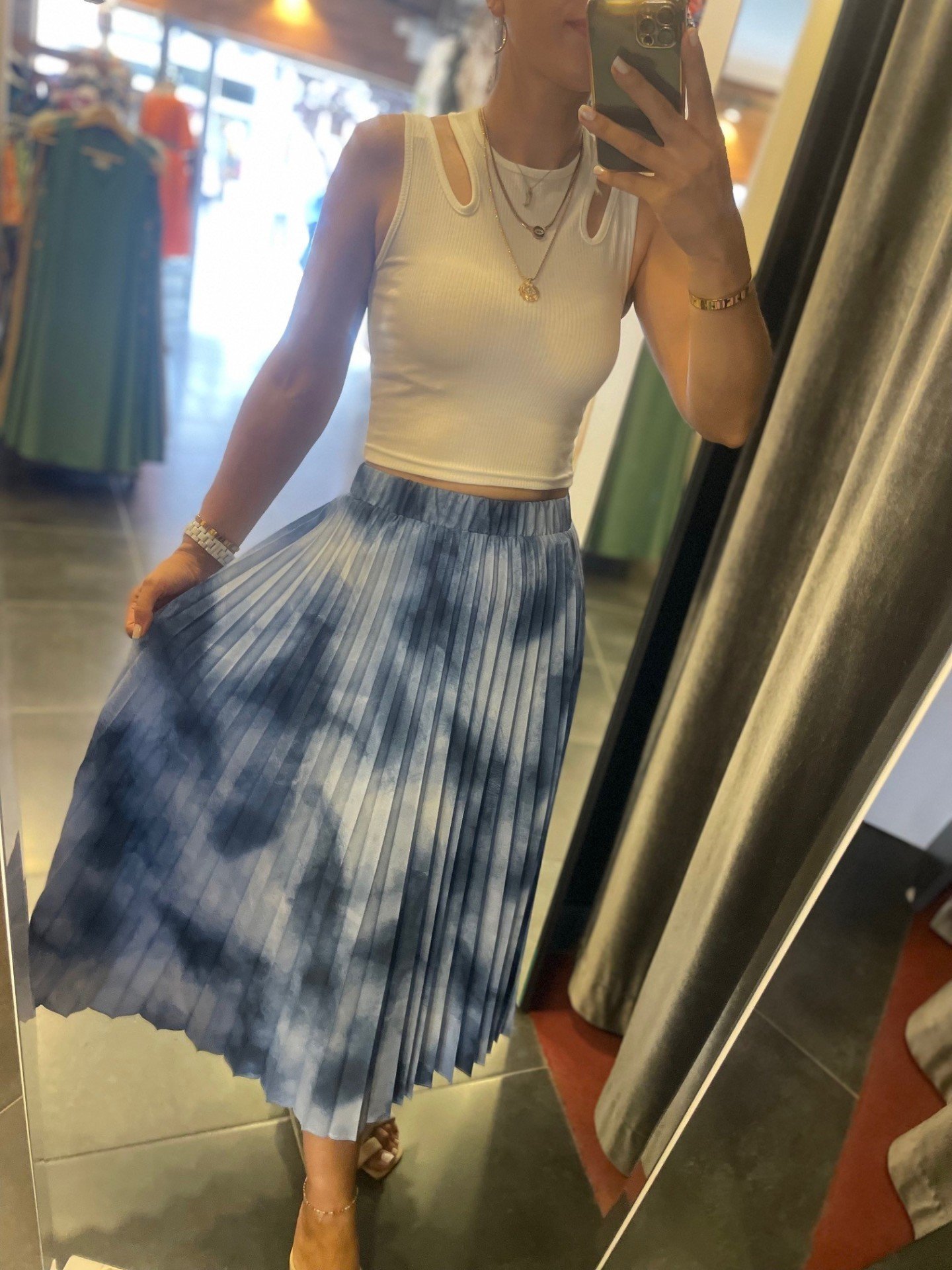 Blue batik pleated lined skirt