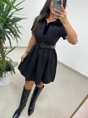 Ms 229 Kadife Detaylı Siyah Crep Elbise