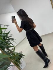 Ms 229 Kadife Detaylı Siyah Crep Elbise