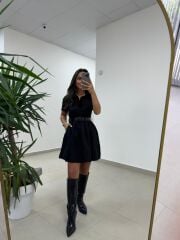 Ms 229 Kadife Detaylı Siyah Crep Elbise