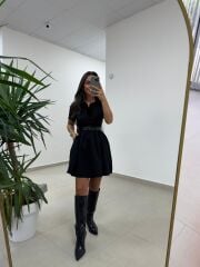 Ms 229 Kadife Detaylı Siyah Crep Elbise