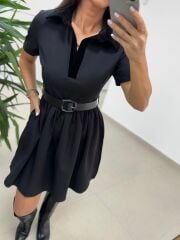 Ms 229 Kadife Detaylı Siyah Crep Elbise