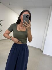 İv 24169 Kare Yaka Kısa Kollu Haki Bluz