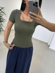 İv 24169 Kare Yaka Kısa Kollu Haki Bluz