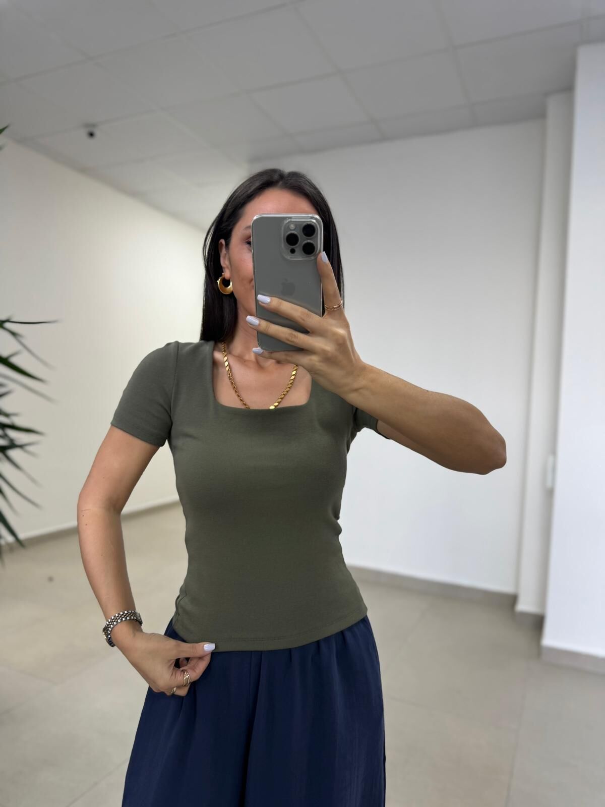 İv 24169 Kare Yaka Kısa Kollu Haki Bluz