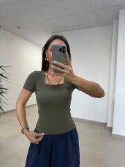 İv 24169 Kare Yaka Kısa Kollu Haki Bluz