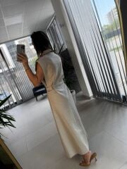 Fw 0473 Çift Kemerli Taş Keten Gömlek Elbise