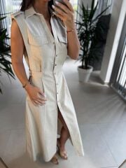 Fw 0473 Çift Kemerli Taş Keten Gömlek Elbise