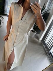 Fw 0473 Çift Kemerli Taş Keten Gömlek Elbise