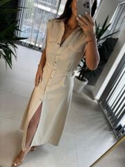 Fw 0473 Çift Kemerli Taş Keten Gömlek Elbise