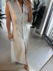 Fw 0473 Çift Kemerli Taş Keten Gömlek Elbise