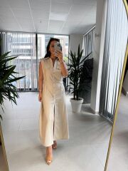 Fw 0473 Çift Kemerli Taş Keten Gömlek Elbise