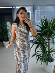 My 3611 Snake Omuz Vatkalı Kalem Elbise