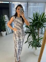 My 3611 Snake Omuz Vatkalı Kalem Elbise