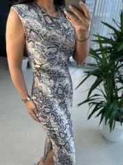 My 3611 Snake Omuz Vatkalı Kalem Elbise