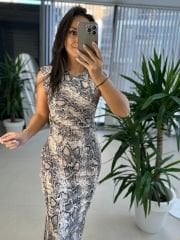 My 3611 Snake Omuz Vatkalı Kalem Elbise