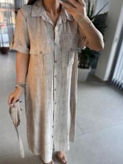 Dr 8381 Tasarım Vizon Çilek Kumaş  Safari  Elbise