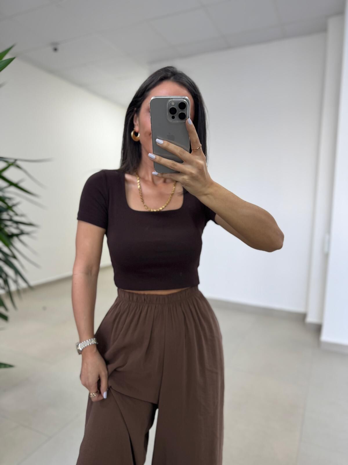 İv 24169 Kare Yaka Kısa Kollu Kahve Bluz