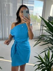Mc 5869 Off Shoulder Flossy Linen Blue Dress
