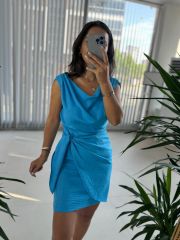 Mc 5869 Off Shoulder Flossy Linen Blue Dress