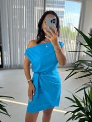 Mc 5869 Off Shoulder Flossy Linen Blue Dress