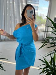 Mc 5869 Off Shoulder Flossy Linen Blue Dress