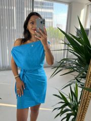 Mc 5869 Off Shoulder Flossy Linen Blue Dress