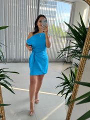 Mc 5869 Off Shoulder Flossy Linen Blue Dress