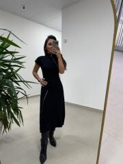 Ms 2042 Fermuar Detaylı Siyah Elbise