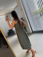 Cr 1618 Dantel Geçişli Haki Askılı Poplin Elbise