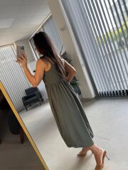 Cr 1618 Dantel Geçişli Haki Askılı Poplin Elbise