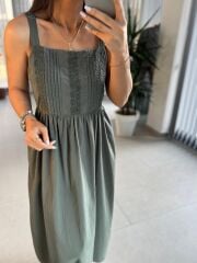 Cr 1618 Dantel Geçişli Haki Askılı Poplin Elbise