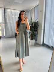 Cr 1618 Dantel Geçişli Haki Askılı Poplin Elbise