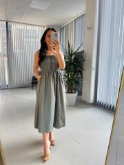 Cr 1618 Dantel Geçişli Haki Askılı Poplin Elbise