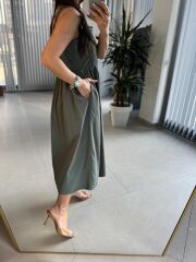 Cr 1618 Dantel Geçişli Haki Askılı Poplin Elbise